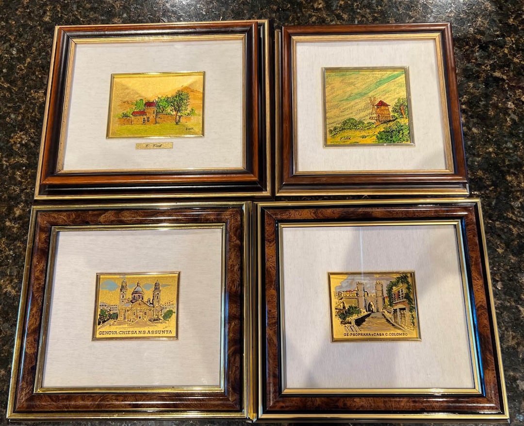 24K Gold Leaf Framed Italian Art: Hand-painted Tuscan & Genoa