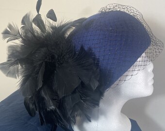 Vintage 1960s sculptured blue pillbox feather hat s-l400.jpg main image 2