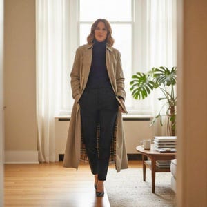 May include: A beige trench coat worn over a dark navy blue turtleneck sweater and dark trousers. The trench coat features a classic collar, long sleeves, and a visible plaid lining in shades of tan, black, white, and red. The outfit is complete.