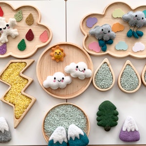 May include: A set of wooden trays with felt weather elements, including clouds, rain, a sun, a lightning bolt, and a mountain. The trays are filled with rice and other sensory materials.