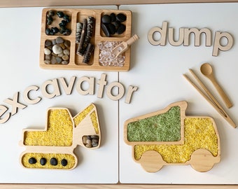 Wood Sensory Tray, Dump Truck Plate, Sensory Play, Wood Tray, Toy Dump Truck, Kids Gift, Homeschool, Educational Toy, Wood Toys, Sensory Bin