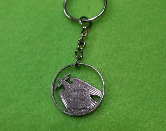 Hand Cut Spain Coin  Keychain