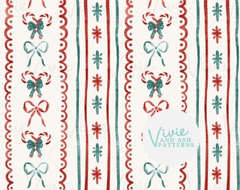 Christmas Candy Cane Seamless Pattern by VivieAndAsh, Red Green Bows (Digital)