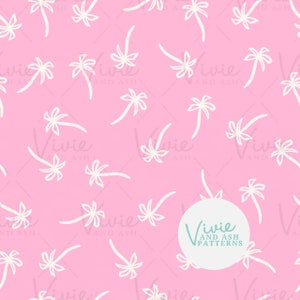 May include: A seamless pattern featuring white palm trees on a pink background. The pattern is repeated throughout the image. The text "Vivie and Ash Patterns" is visible in a white circle.