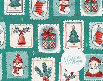 Può includere: Uno sfondo turchese con un motivo ripetuto di illustrazioni a tema natalizio in cornici di francobolli. Le illustrazioni includono un pupazzo di neve, una calza, un albero di Natale, un regalo, una campana, un ramo di agrifoglio e Babbo Natale.