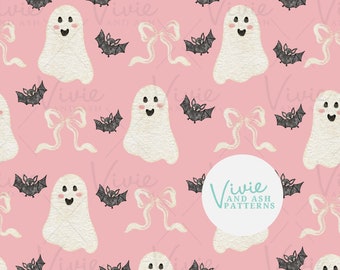 Patrón sin costuras de fantasmas rosas, murciélagos y lazos para Halloween; archivo de patrón repetitivo rosa para otoño; archivo comercial de patrón repetitivo de Halloween.