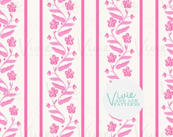Pink and White Vine Stripe Floral Seamless Repeating Pattern, Floral Seamless Pattern, Digital Floral File for Commercial Use
