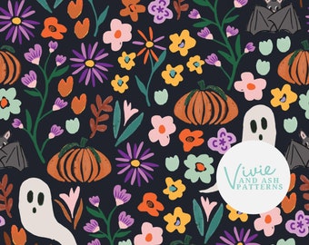 Halloween Garden Floral, Halloween Floral with Pumpkins Bats and Ghosts Seamless Pattern, Fall Repeat Pattern File for Commercial Use