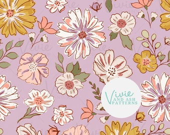 Purple Boho Floral Seamless Repeating Pattern, Floral Seamless Pattern, Digital Floral File for Commercial Use, Earth Tone Wildflower