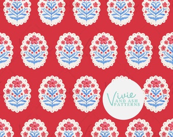 Red White and Blue Cameo Floral Seamless Repeating Pattern, USA Pattern File, 4th of July Digital File for Commercial Use, Digital Paper