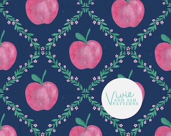 May include: A seamless pattern featuring pink apples and green floral wreaths on a dark blue background. The text "Vivie and Ash Patterns" is in a white circle.