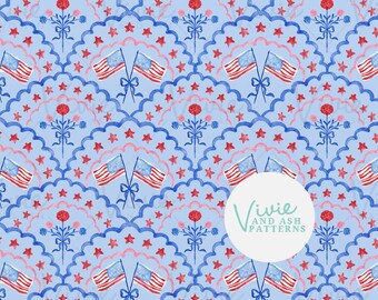 USA Flag Floral Seamless Pattern by VivieAndAsh, 4th of July Fabric (Digital File)
