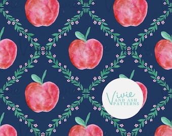 May include: Watercolor pattern featuring red apples with green leaves, set against a dark blue background. The apples are arranged in a grid pattern, framed by green vines with small white flowers. The text "Vivie and Ash Patterns" is in a white circle.
