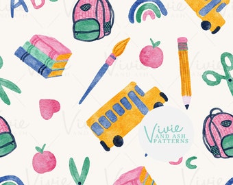 May include: A seamless pattern featuring watercolor illustrations of school supplies, including a yellow school bus, a pink backpack, a stack of books, a red apple, a paintbrush, a pencil, scissors, and a rainbow. The pattern also includes the letters "Abc" and a heart.