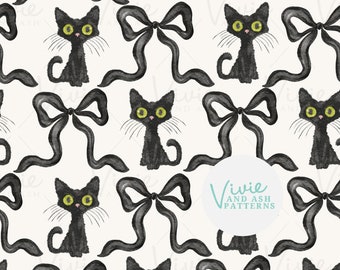 Black Cats and Bows Halloween Seamless Pattern, Seamless Fall Repeat Pattern File, Halloween Repeating Pattern File Commercial