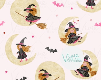 Cute Halloween Witch and Moon Seamless Pattern, Girl Witch Seamless, Fall Repeat Pattern File  for Commercial Use
