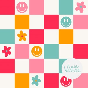Buntes Checker Smiley-Gesicht Nahtlose Datei, Sommer Daisy Smiley-Wiederholungsmuster, Retro-Smile-Muster Download digitale Datei für kommerzielle Nutzung