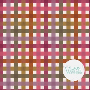 May include: A seamless pattern featuring a checkered design with alternating rows of pink, red, brown, and purple squares on a white background.