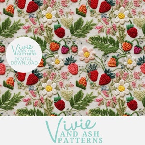 Embroidery Seamless File, Summer Seamless Strawberry Daisy, Strawberry Floral Embroidery Pattern Download, Digital File for Commercial Use