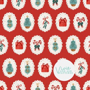 May include: A seamless pattern featuring a variety of Christmas-themed illustrations, including ornaments, candy canes, presents, mistletoe, and Christmas trees. The illustrations are all in a watercolor style and are set against a red background. The pattern is perfect for use in holiday crafts, scrapbooking, and other creative projects.