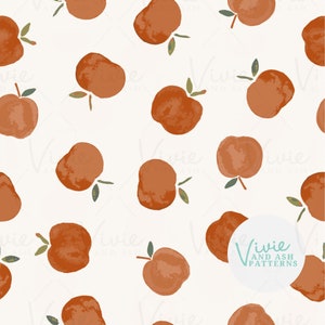 May include: A seamless pattern featuring a repeating design of orange apples with green stems and leaves on a white background. The pattern is perfect for use in digital and printed designs.