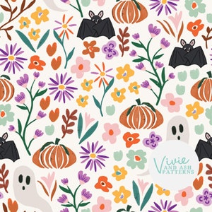 Halloween Floral Seamless Pattern, Cute Ghost File, Bat Seamless Fall Repeat Pattern File, Halloween Repeating Pattern File