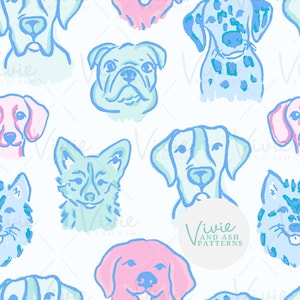 Dogs Seamless Repeating Pattern, Pink and Blue Preppy Dogs Animal Seamless Pattern, Digital File for Commercial Use