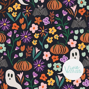 Jardin floral d'Halloween, motif floral d'Halloween avec citrouilles chauves-souris et fantômes, motif de répétition d'automne pour un usage commercial