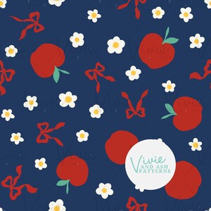 May include: A seamless pattern featuring red apples, white flowers, and red bows on a dark blue background. The text "Vivie and Ash Patterns" is in a white circle.