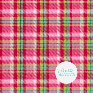 Plaid natalizio rosa brillante, rosso e verde, tartan rosa testurizzato senza soluzione di continuità, motivo ripetuto a quadri per le feste, uso commerciale