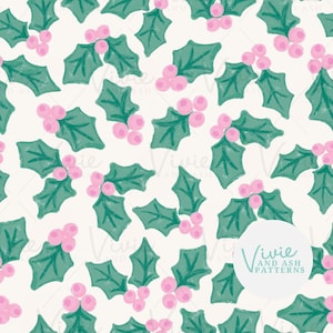 May include: A seamless pattern featuring a repeating design of green holly leaves with pink berries. The background is white. The text "Vivie and Ash Patterns" is in a circle at the bottom right corner of the image.