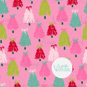 Pink Green and Red Christmas Trees with Bows Seamless pattern, Cute Bright Pink Christmas Seamless Repeat for Commercial Use