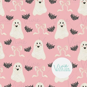Peut inclure: Un motif sans couture représentant des fantômes blancs avec des visages joyeux, des chauves-souris noires et des nœuds roses sur un fond rose. Le motif est parfait pour les projets et les travaux manuels d'Halloween.