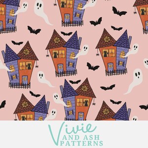 Słodki różowy nawiedzony dom bezszwowa ilustracja, idealny jesienny bezszwowy powtarzalny wzór na ubrania, papierowy plik tkanin na Halloween do użytku komercyjnego