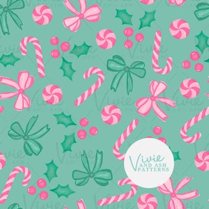 Groen en roze kerst naadloos patroon, snoepstokken en strikken kerst naadloze herhaling, kerst herhalend patroon voor commercieel gebruik