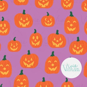 Patrón de calabaza de Halloween de colores morado y naranja, patrón repetitivo sin costuras de otoño, archivo de patrón repetitivo para uso comercial.