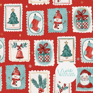 Sellos navideños de acuarela rojos y verdes, patrón sin costuras, regalos, muérdago, bastones de caramelo, Papá Noel, muñeco de nieve, repetición sin costuras.