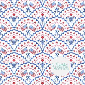 May include: A seamless pattern featuring red, white, and blue American flags, pink and blue flowers, and white stars on a white background. The pattern is perfect for patriotic crafts and projects.