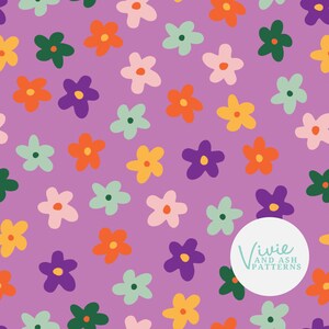 Könnte beinhalten: Ein nahtloses Muster mit verschiedenen bunten Blumen auf einem violetten Hintergrund. Die Blumen sind in den Farben Rosa, Orange, Gelb, Grün und Lila gehalten. Das Muster eignet sich perfekt für die Verwendung in einer Vielzahl von kreativen Projekten.