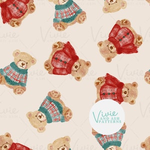Orsetti di Natale rossi e verdi in maglione, motivo senza cuciture, motivo natalizio senza cuciture per bambini, per uso commerciale