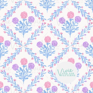 Watercolor Trellis Floral Seamless Pattern by VivieAndAsh: Pink, Blue and Purple (Digital File)