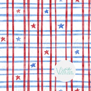 May include: A seamless pattern featuring red and blue watercolor stripes with red and blue stars. The pattern is on a white background. The text "Vivie and Ash Patterns" is in a white circle on the bottom right corner of the image.
