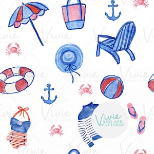 Blue Coastal Red White and Blue Seamless Repeating Pattern, USA Pattern File, 4th of July Patriotic Digital File, Digital Paper