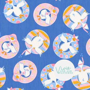 May include: A seamless pattern featuring white geese wearing sunglasses and floating on colorful striped, polka dot, and floral patterned inner tubes on a blue background. The text "Vivie and Ash Patterns" is in a white circle.