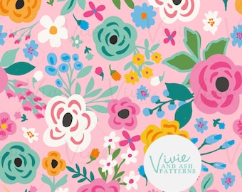 Pink Floral Seamless Pattern by VivieAndAsh: Colorful Flowers (Digital File)