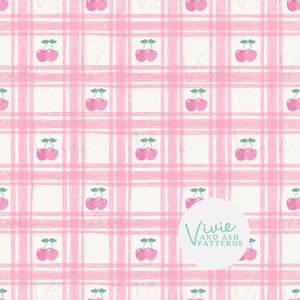 Patrón de cuadros vichy rosa cereza sin costuras, patrón de frutas rosa sin costuras, patrón de frutas para uso comercial