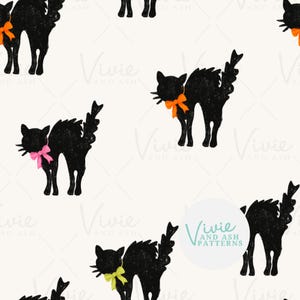 Coquette Bow Halloween Black Cats Seamless Pattern, Fall Seamless Pattern File, Halloween Pattern, Fall Halloween Pattern for Commercial Use