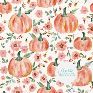 Watercolor Pumpkin Floral Seamless Pattern, Fall Seamless Halloween File, Seamless Fall Repeat Pattern File, Halloween Repeating Pattern