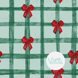 Green Christmas Watercolor Gingham with Red Bows Seamless pattern, Green Christmas Seamless Repeat, Repeating Pattern for Commercial Use