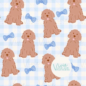 Cucciolo di Goldendoodle e motivo a quadretti blu a farfalla, file digitale per uso commerciale, carta digitale